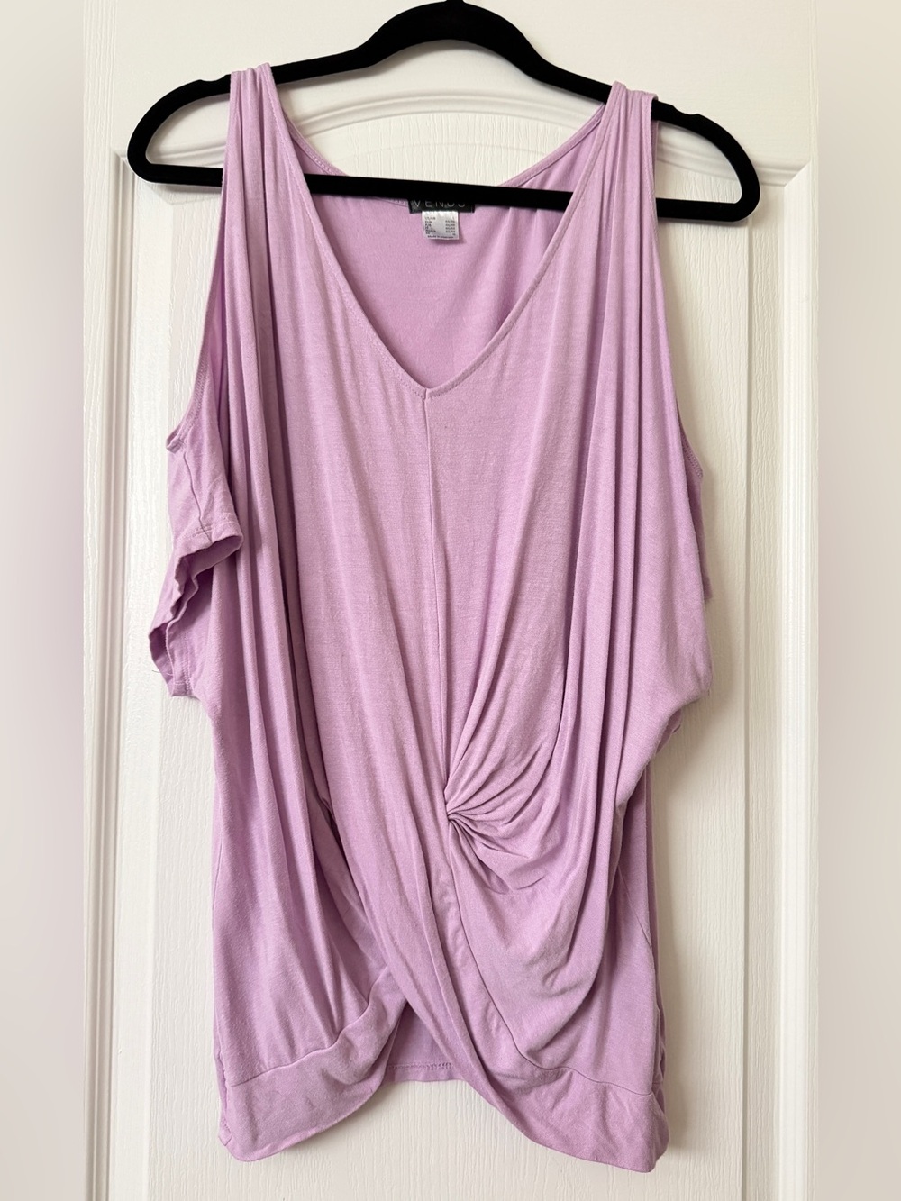 VENUS Lavender Draped Knot Cold Shoulder Top Size L Asymmetrical Dolman Tunic